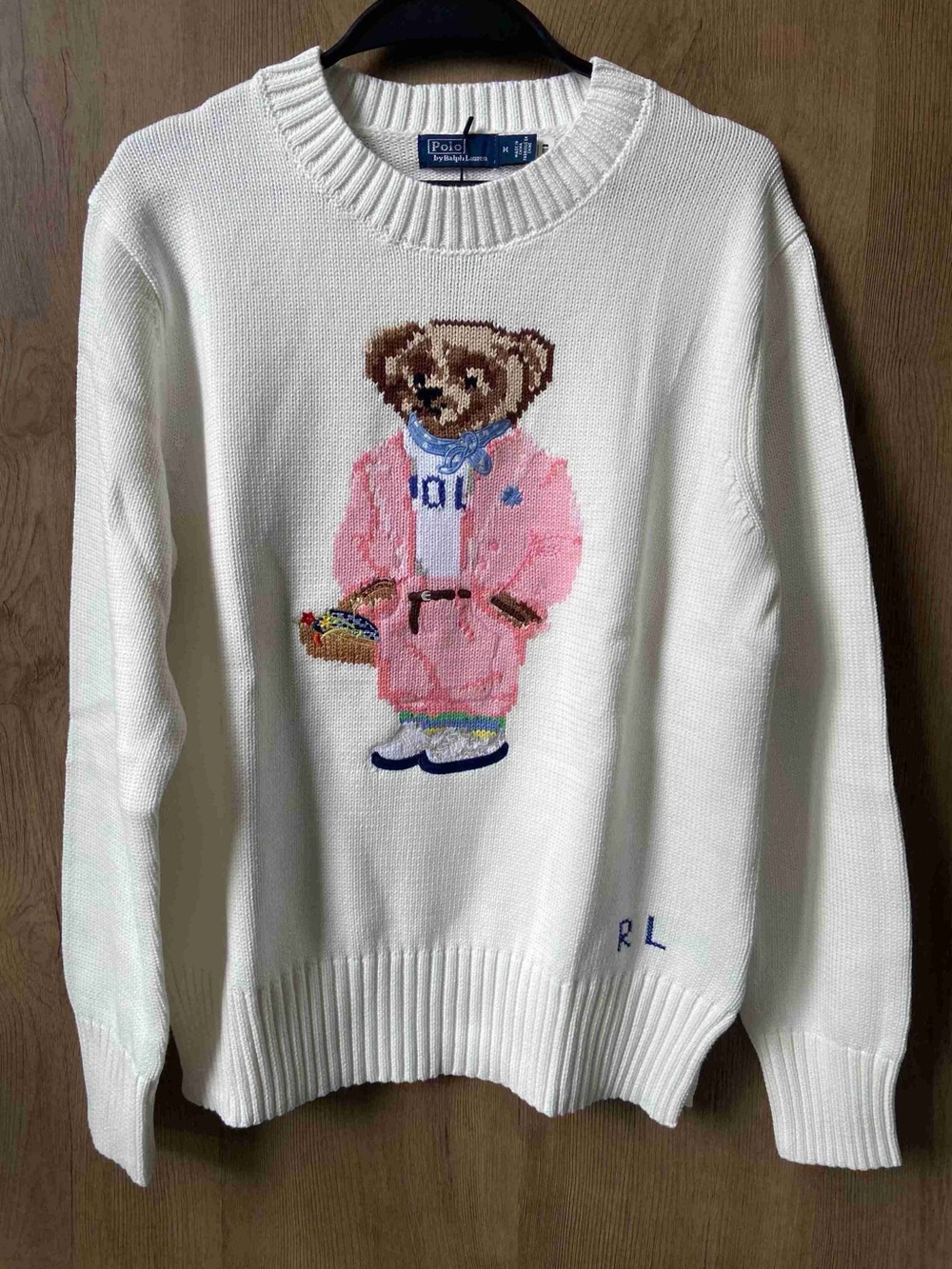Polo by Ralph Lauren White Crewneck Sweater with Pink Bear Intarsia